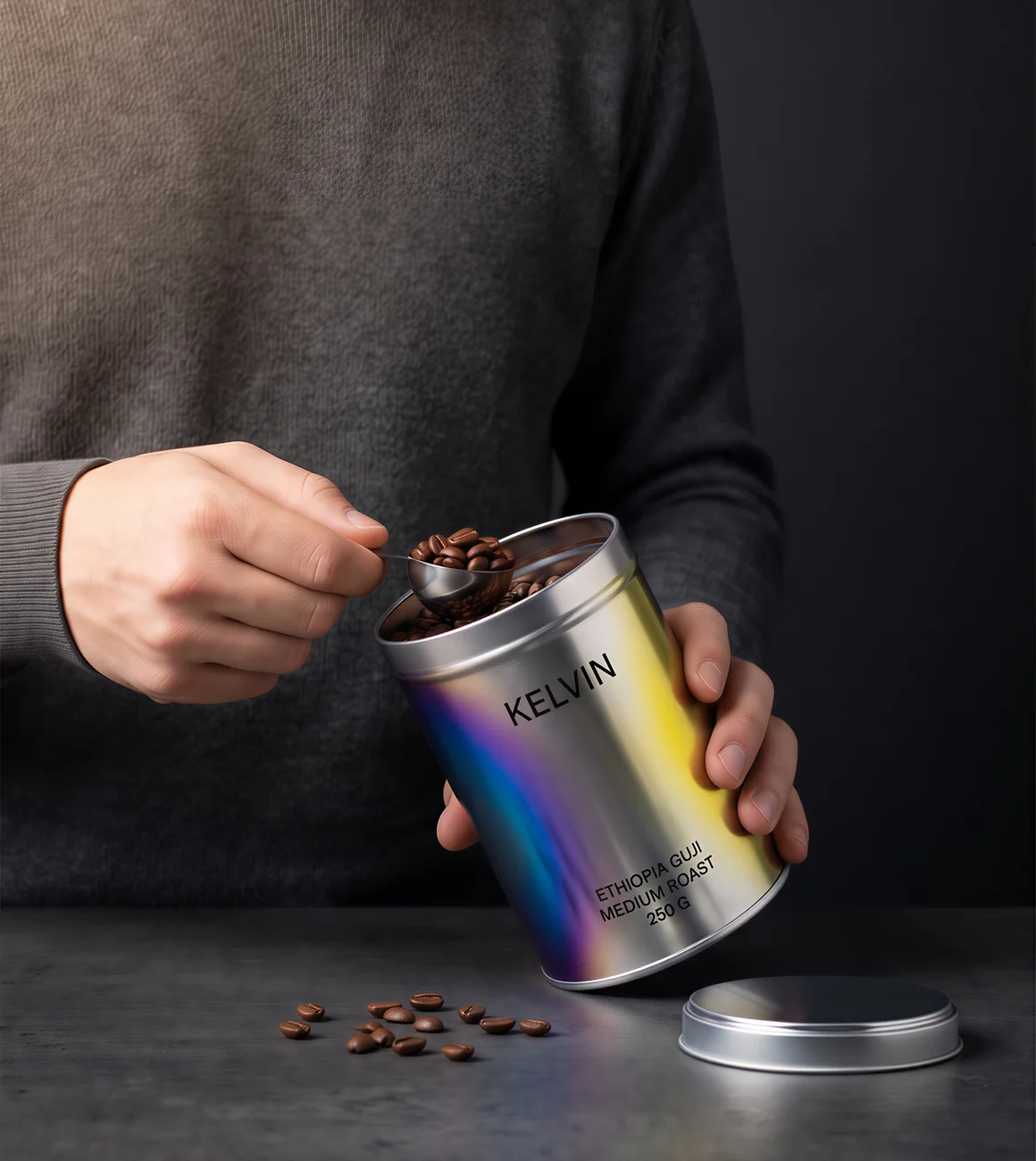 A hand scooping beans out of the open tin