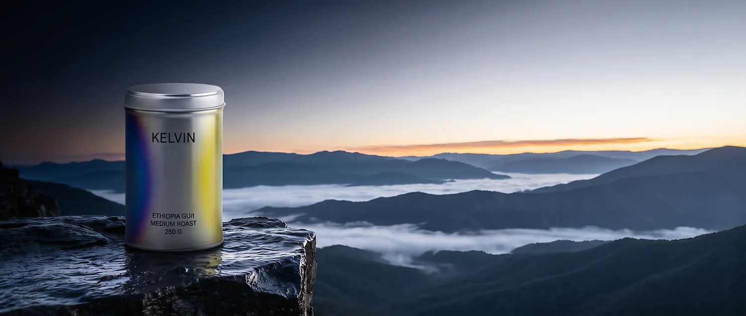 A KELVIN tin on a rock ledge above a highland valley at dawn