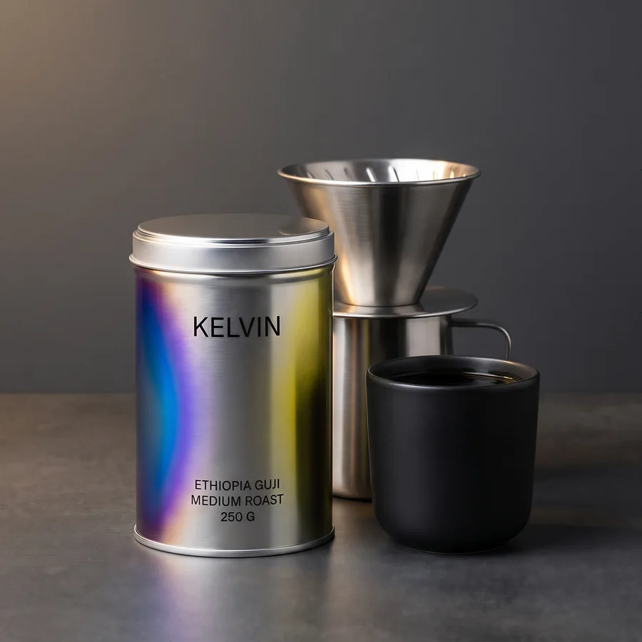 The tin next to a cup and a dripper, for scale