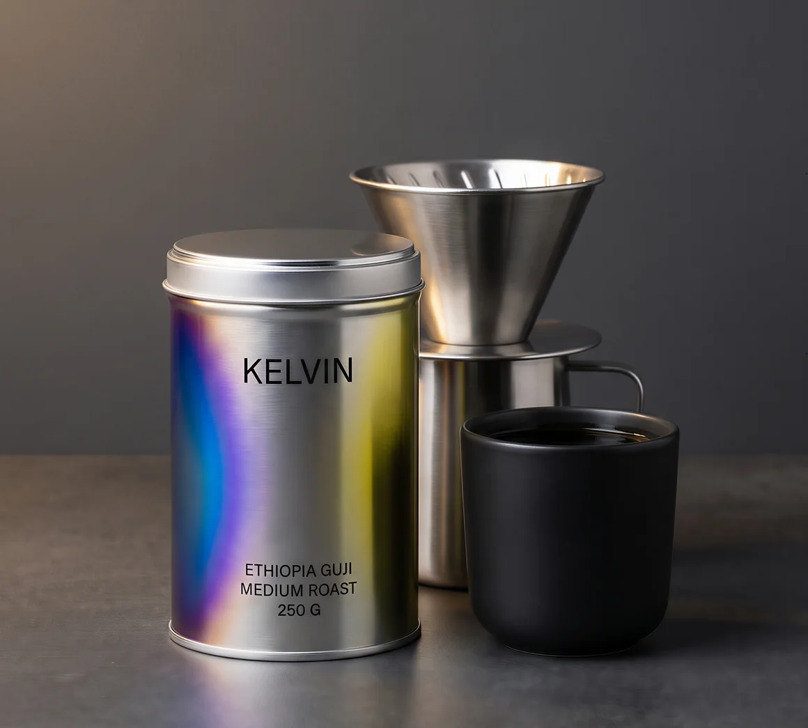 The tin next to a dripper and a cup, for scale